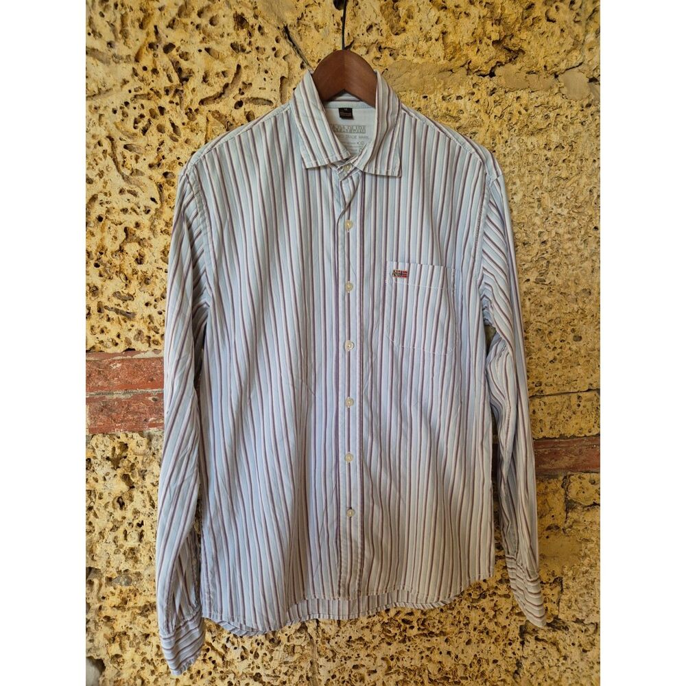 Napapijri Striped Button Up Shirt Men's Medium Blue Purple Long Sleeve Casual